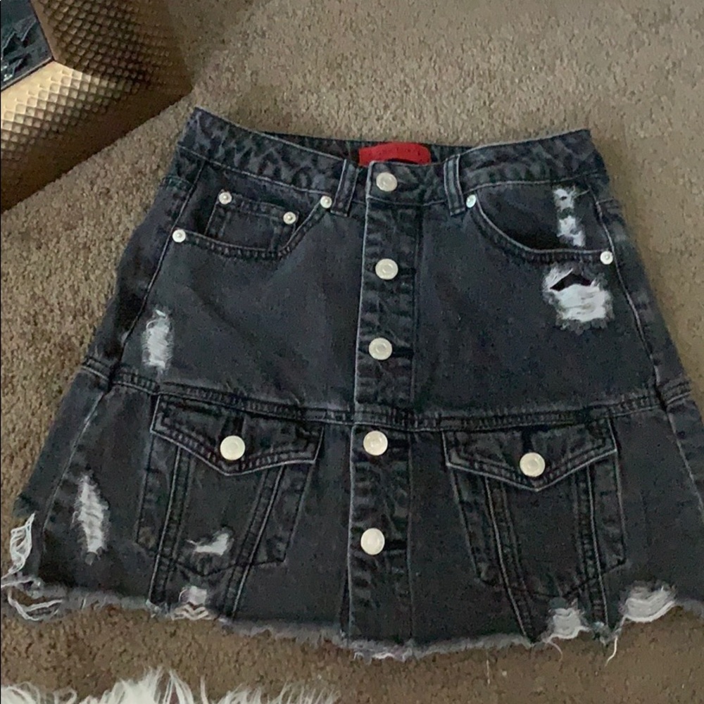 Black denim distressed jean skirt